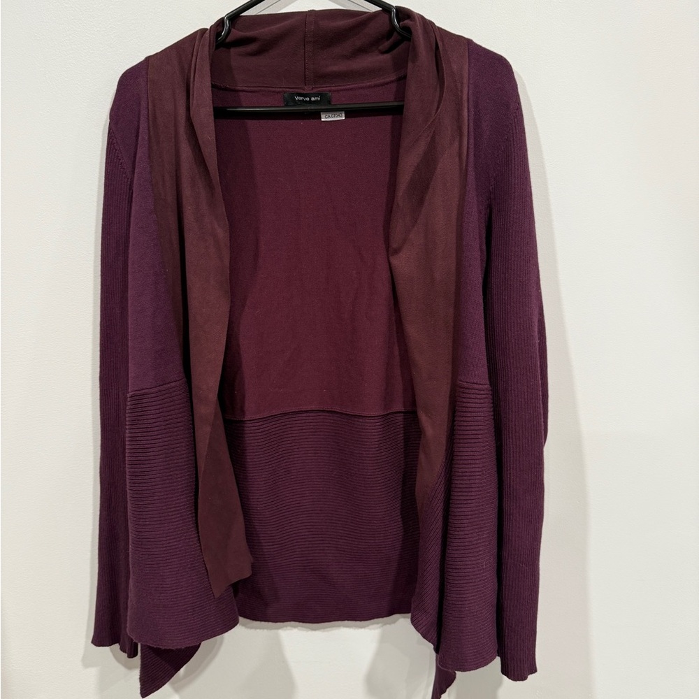 Verve Ami Rich Burgundy Open Front faux suade edging Cardigan